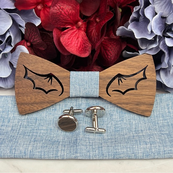 Handmade Wood Batwing Butterfly Bow Tie Cufflinks Blue Pocket Square Set - Picture 8 of 16
